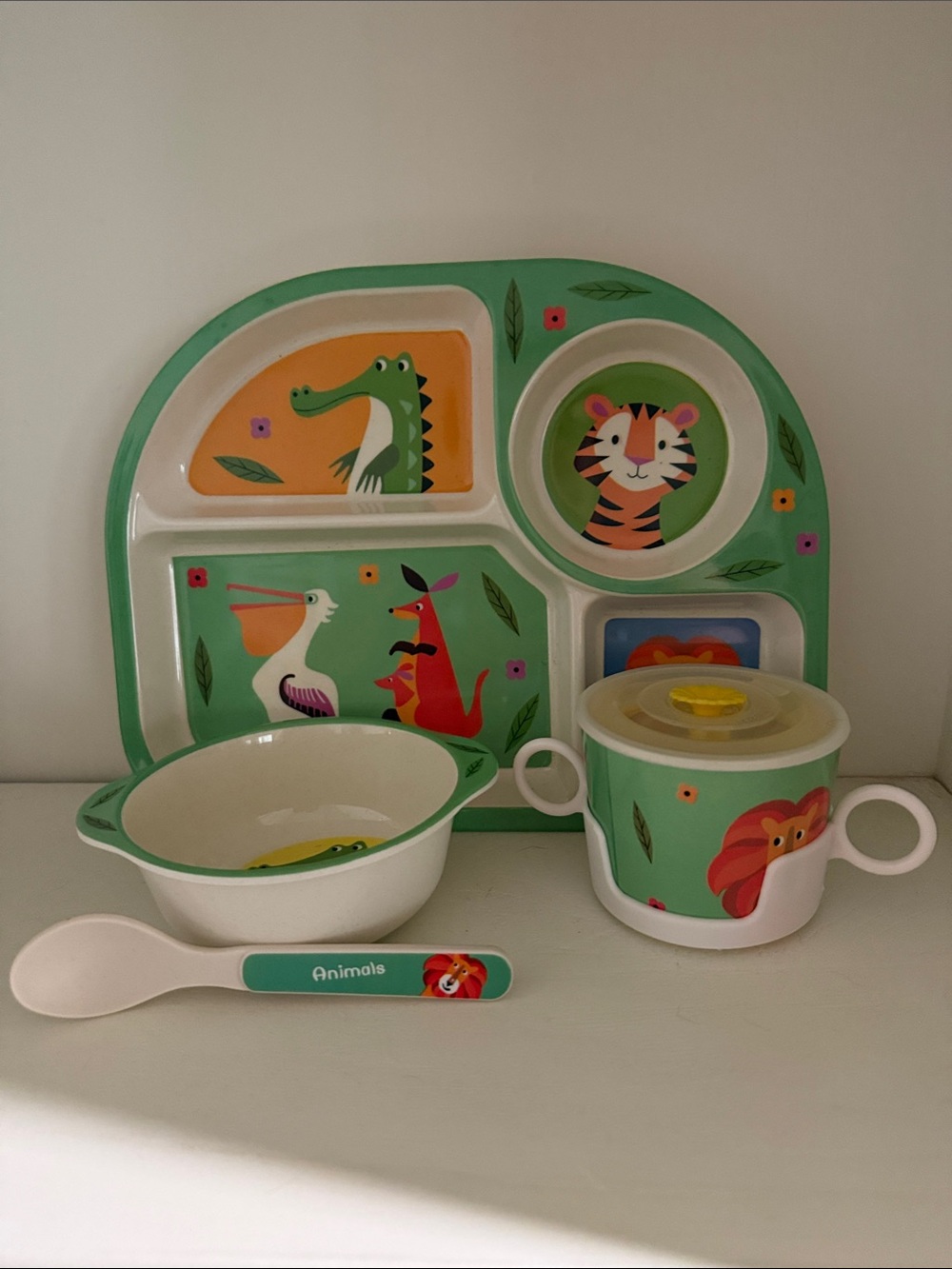 Kids Animal Dinner Set - Green Illustrated Plate, Bowl, Cup & Spoon